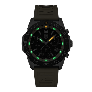 Pacific Diver Chronograph, 44 mm, Diver Watch - 3145, Night view with green and orange light tubes