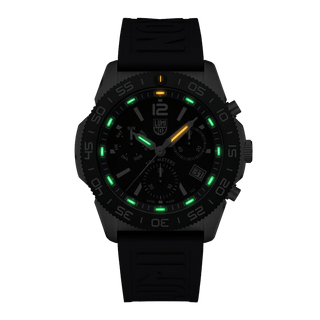Pacific Diver Chronograph, 44 mm, Diver Watch - 3143, Night view with green and orange light tubes