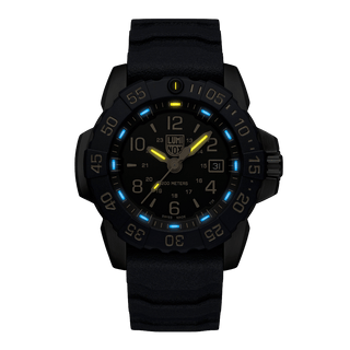 Navy SEAL Foundation Back To The Blue, 45 mm, Military Dive Watch - XS.3255.CB.NSF	, Night view with green and orange light tubes
