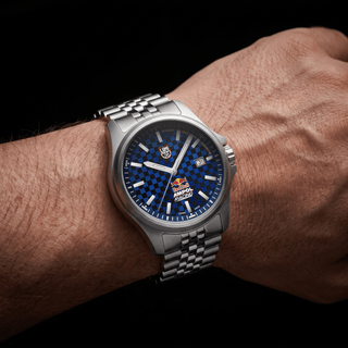 Silver watch with blue dial on a wrist - Red Bull Racing, 43 mm, Outdoor Watch - XL.2523.ARB.N