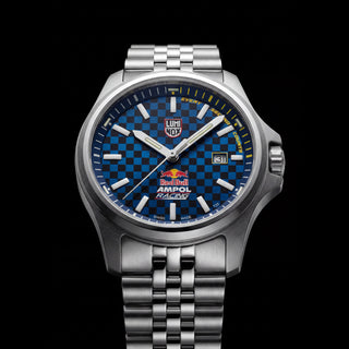 Silver watch with blue checkered face featuring Red Bull Ampol Racing logo - Red Bull Racing, 43 mm, Outdoor Watch - XL.2523.ARB.N