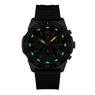 Pacific Diver Chronograph, 44 mm, Diver Watch - 3155.1, Night view with green and orange light tubes