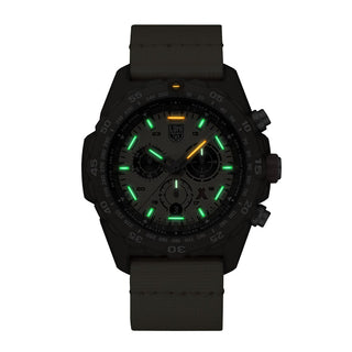 Bear Grylls Survival ECO Master, 45mm, Sustainable Outdoor Watch - 3745.ECO, Night view with green and orange light tubes