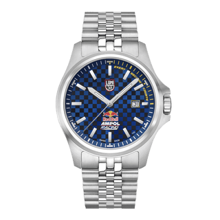 Silver watch with a blue checkered face featuring Red Bull and Ampol logos on a white background - Red Bull Racing, 43 mm, Outdoor Watch - XL.2523.ARB.N