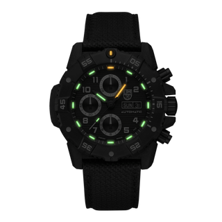 Master Carbon SEAL Automatic Chronograph, 45 mm, Military Dive Watch - 3881, Night view with green and orange light tubes