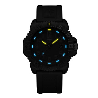 Navy SEAL, 44 mm, Military Dive Watch - 3051.GO.NSF, Night view with blue and yellow light tubes