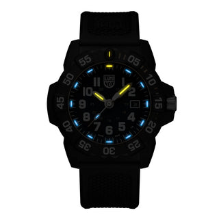 NAVY Seal, 45 mm, Military Dive Watch - 3503.NSF, Night view with blue and yellow light tubes