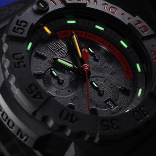 Navy SEAL Chronograph, 45 mm, Military Dive Watch - 3581.EY, UV Shot with detail view on dive bezel and watch dial