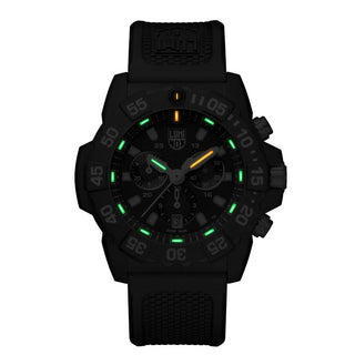 Navy SEAL Chronograph, 45 mm, Military Dive Watch - 3581, Night view with green and orange light tubes