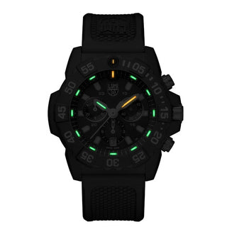 Navy SEAL Chronograph, 45 mm, Military Dive Watch - 3583, Night view with green and orange light tubes